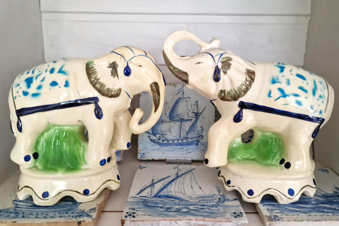 Antique Delft Handpainted Ceramic Elephant Figurines, Dutch Polychrome Pair