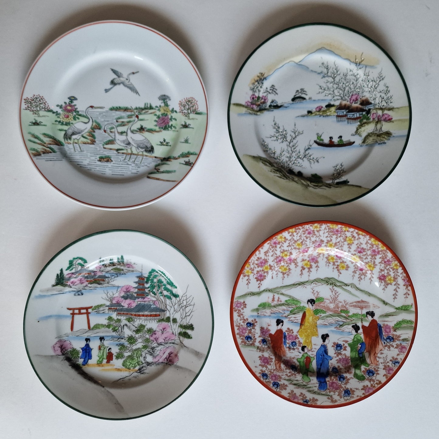 Antique Meiji Japanese Porcelain Plates, Geisha & Landscape Relief, Set of 4