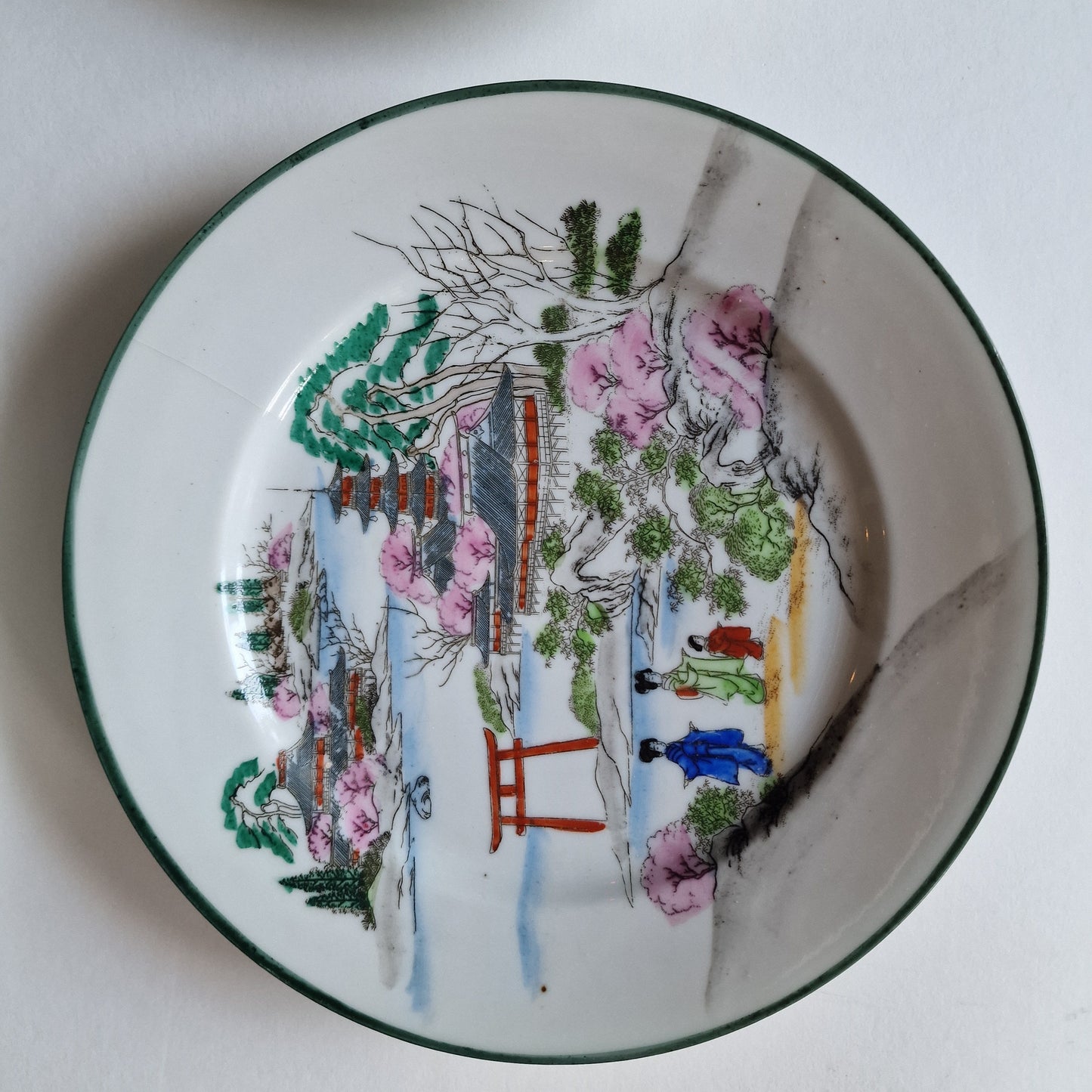 Antique Meiji Japanese Porcelain Plates, Geisha & Landscape Relief, Set of 4