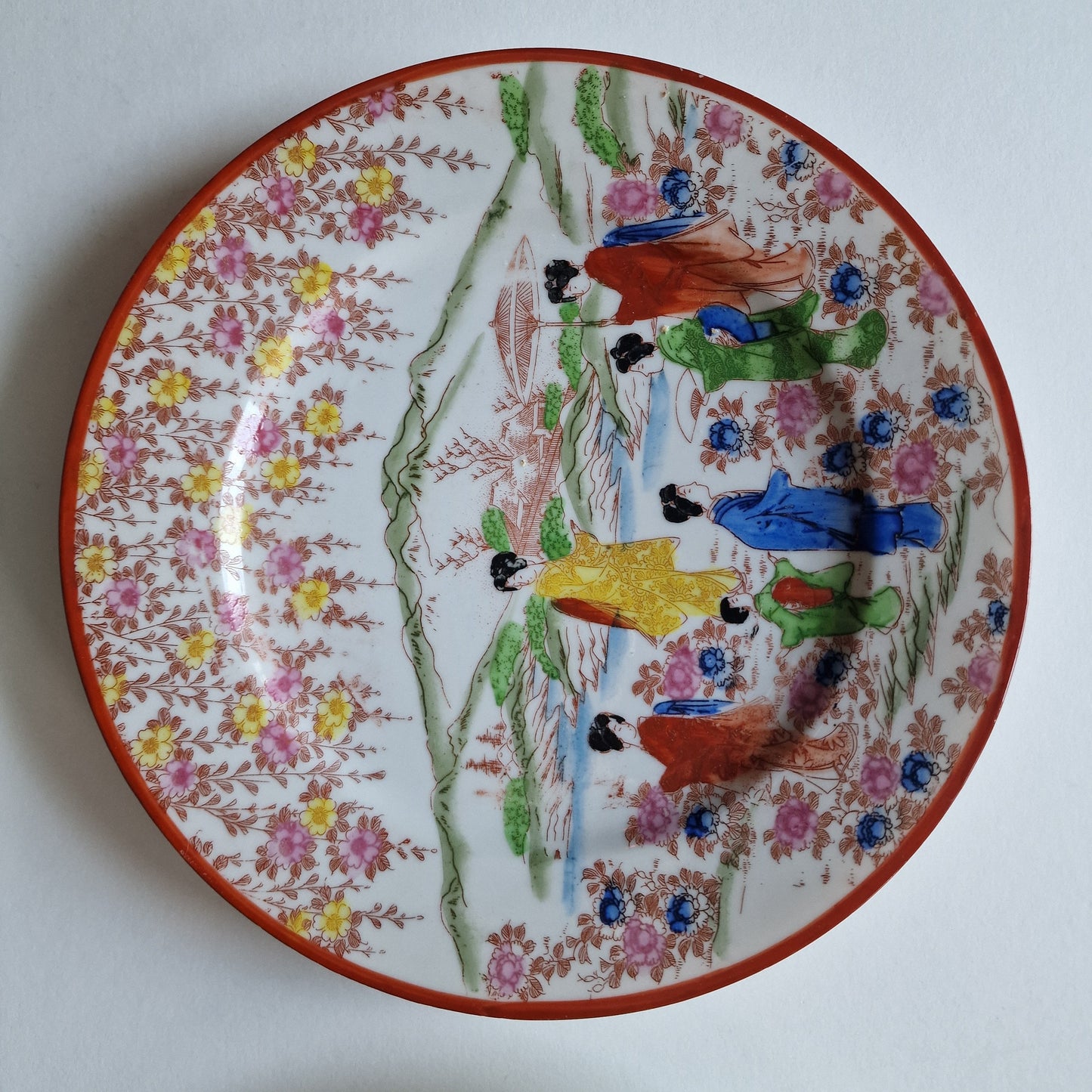 Antique Meiji Japanese Porcelain Plates, Geisha & Landscape Relief, Set of 4