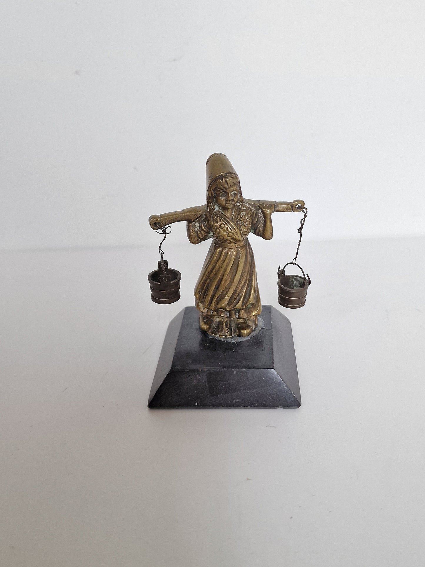 Vintage Dutch Milkmaid Bronze Figurine, Delft Tile Girl