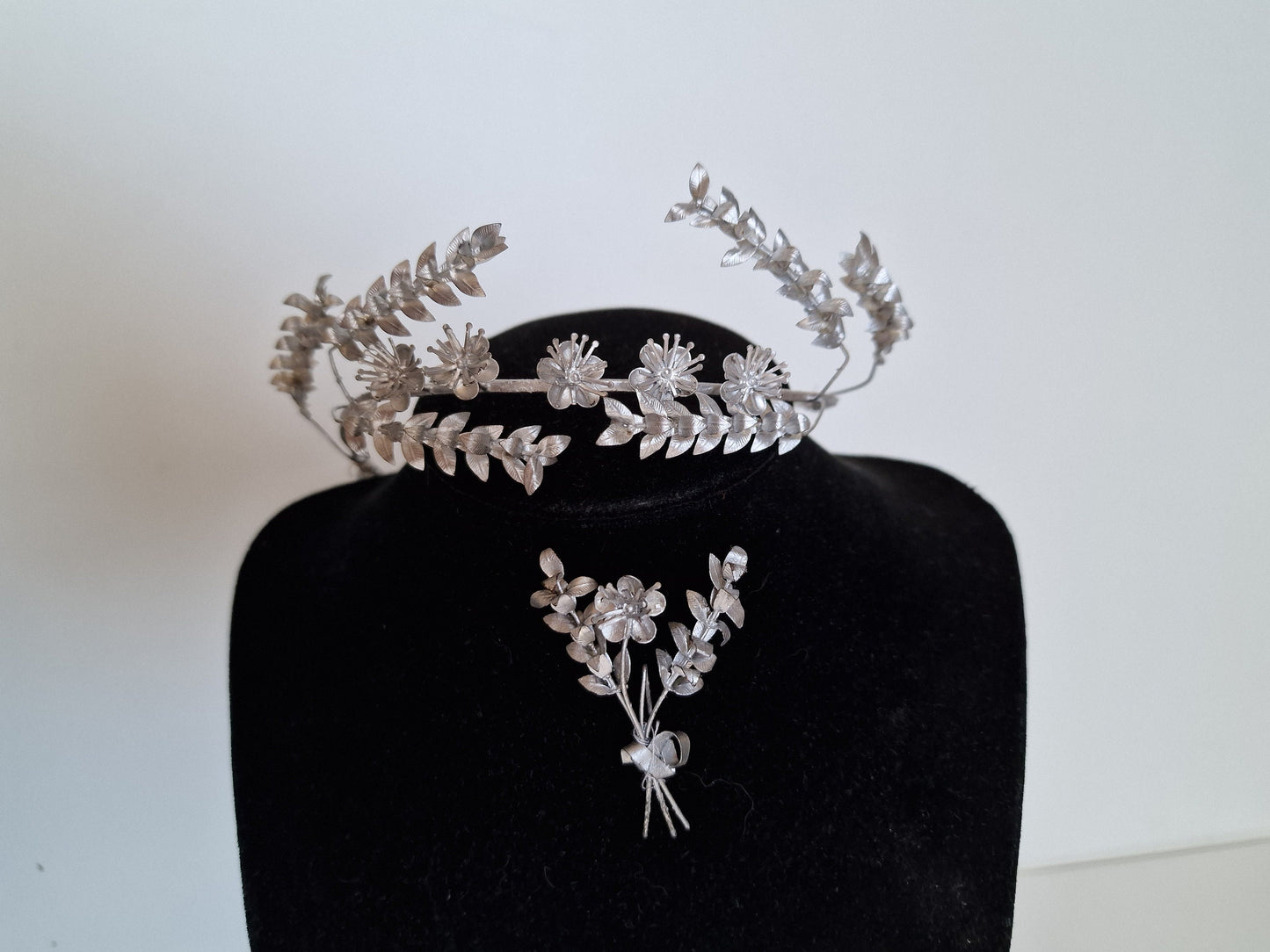 Silver Myrtle Leaf Bridal Crown and Groom Corsage, Charleston Period