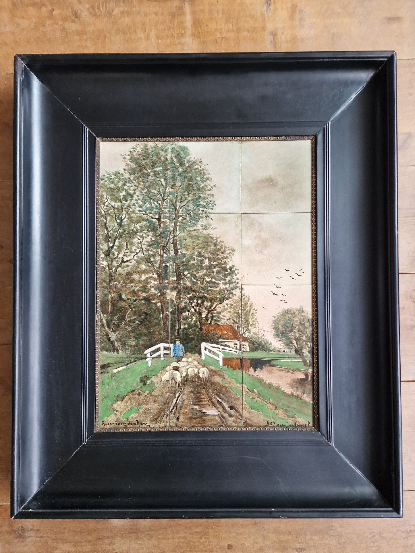 Rozenburg Hand-Painted Tile Tableau, Dutch Landscape, Framed Art c1900