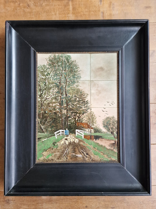 Rozenburg Hand-Painted Tile Tableau, Dutch Landscape, Framed Art c1900