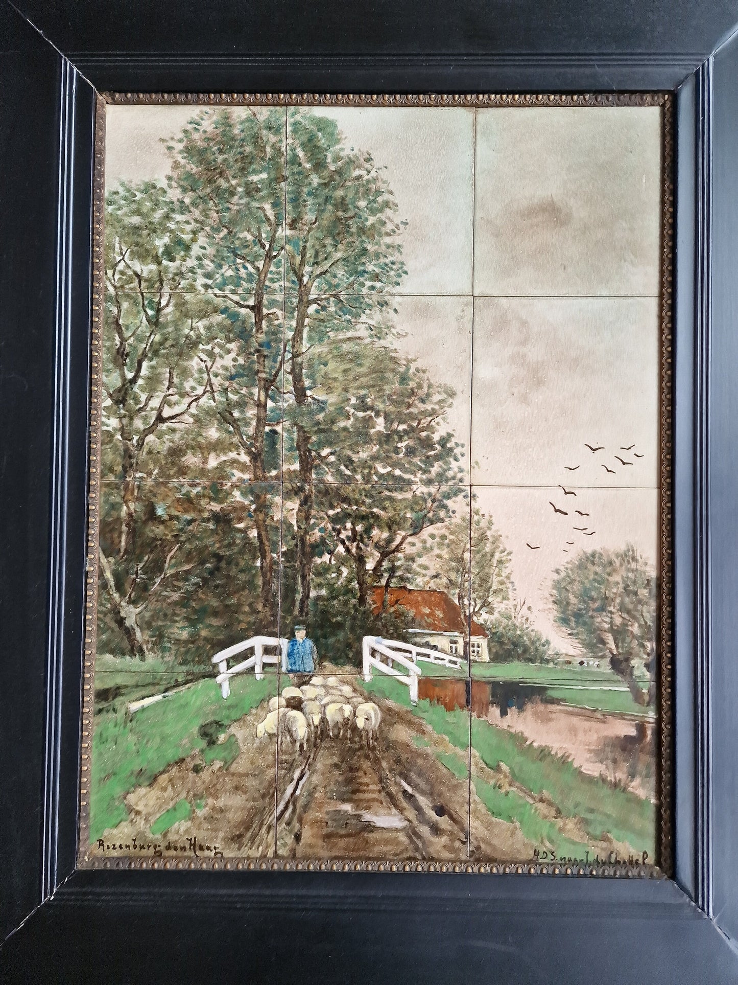 Rozenburg Hand-Painted Tile Tableau, Dutch Landscape, Framed Art c1900