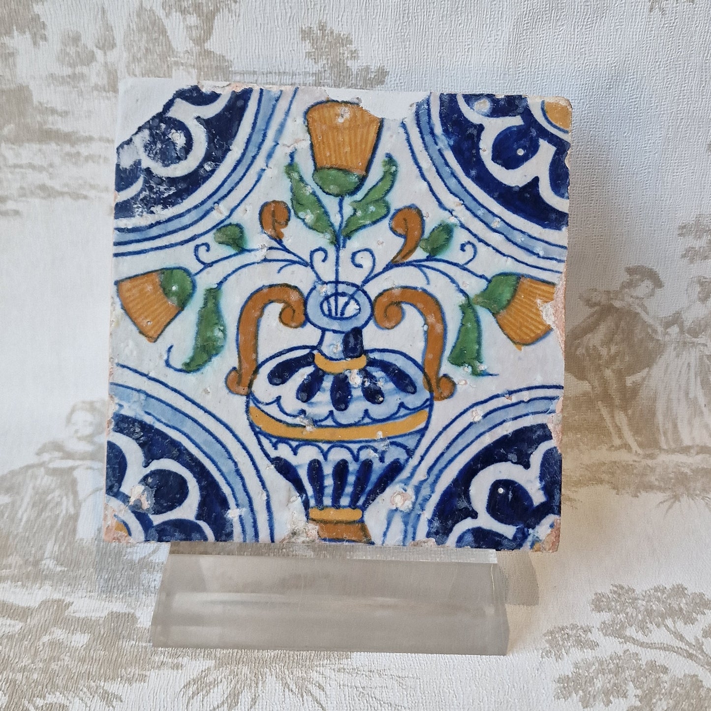 Antique Dutch Tile – 17th Century Polychrome Floral Ornament