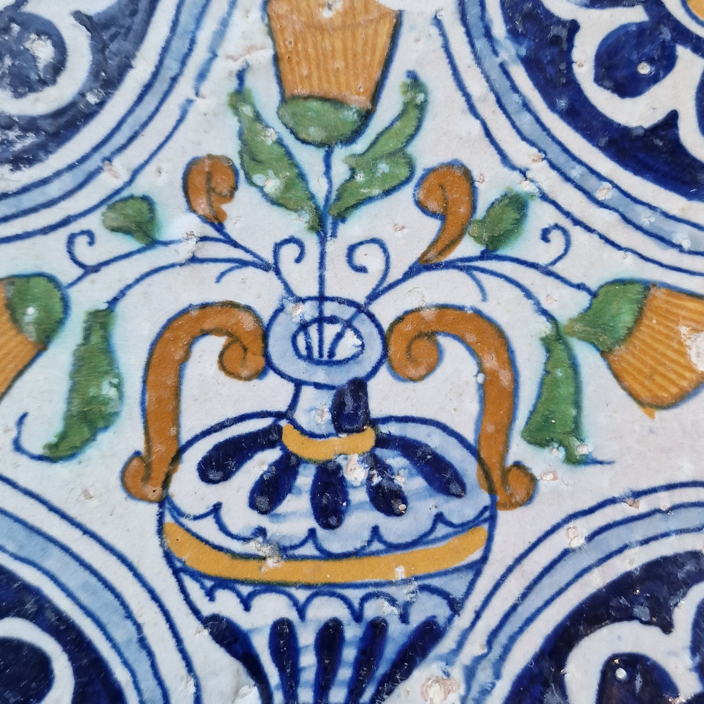 Antique Dutch Tile – 17th Century Polychrome Floral Ornament