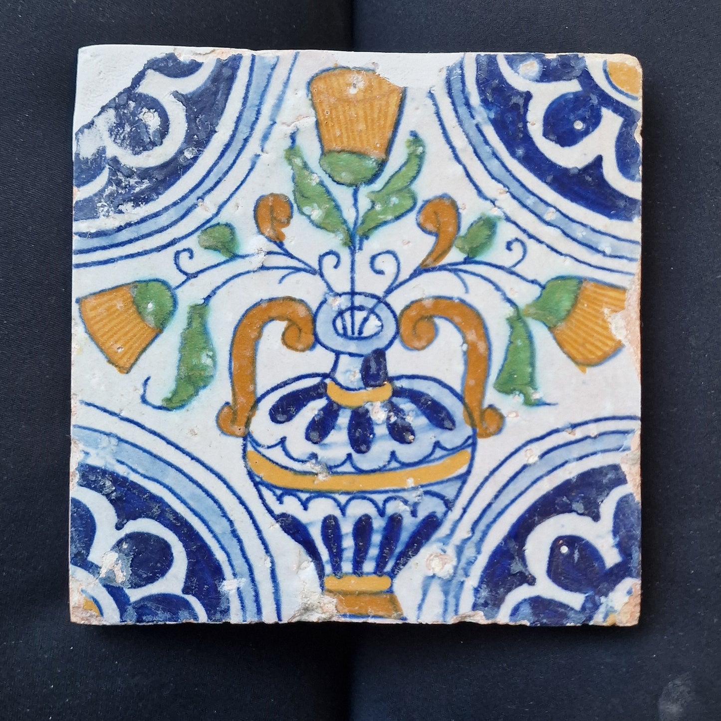Antique Dutch Tile – 17th Century Polychrome Floral Ornament