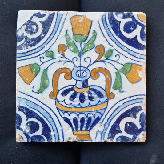 Antique Dutch Tile – 17th Century Polychrome Floral Ornament
