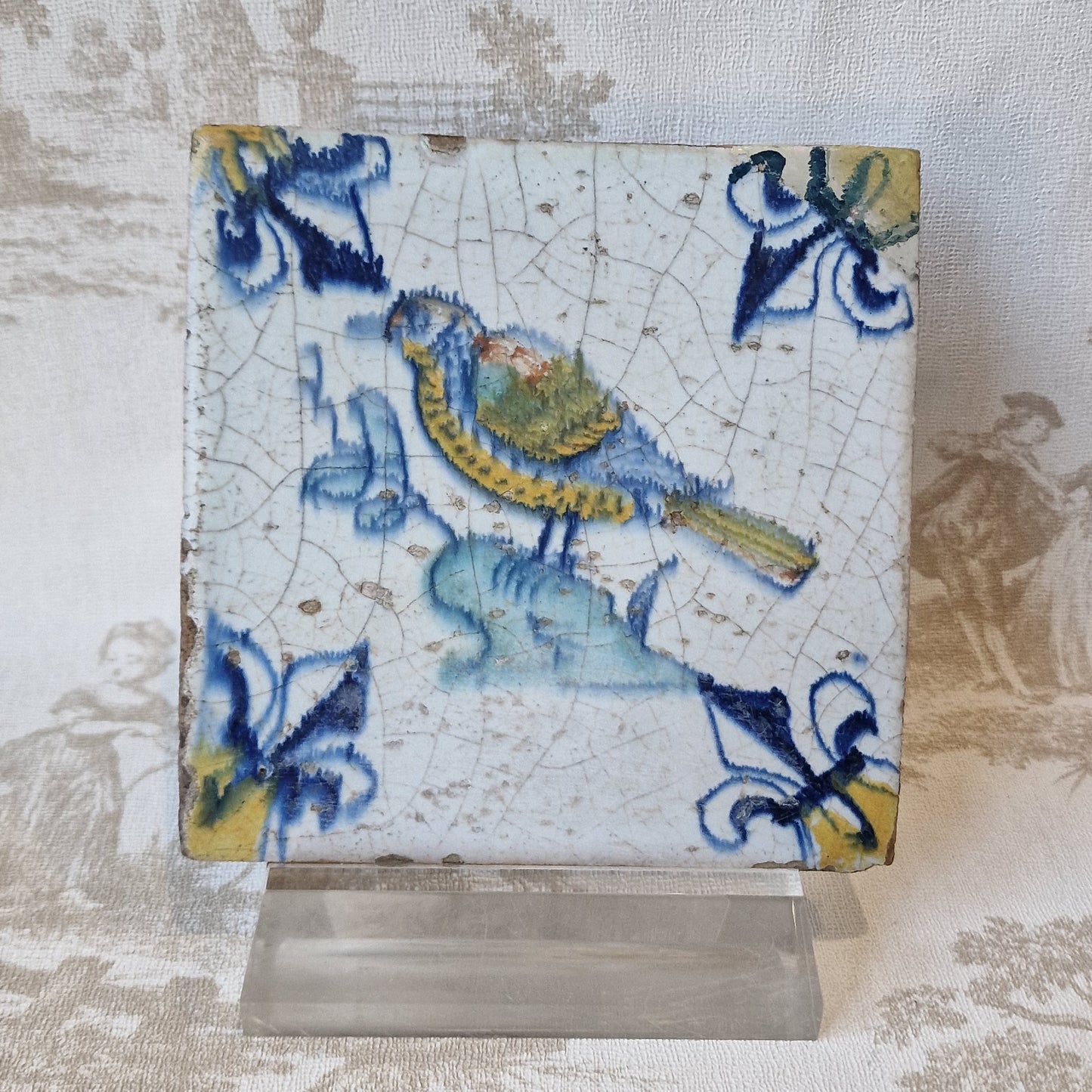 Antique Dutch Delft Tile – Polychrome Bird, Lily Motifs (c. 1630)