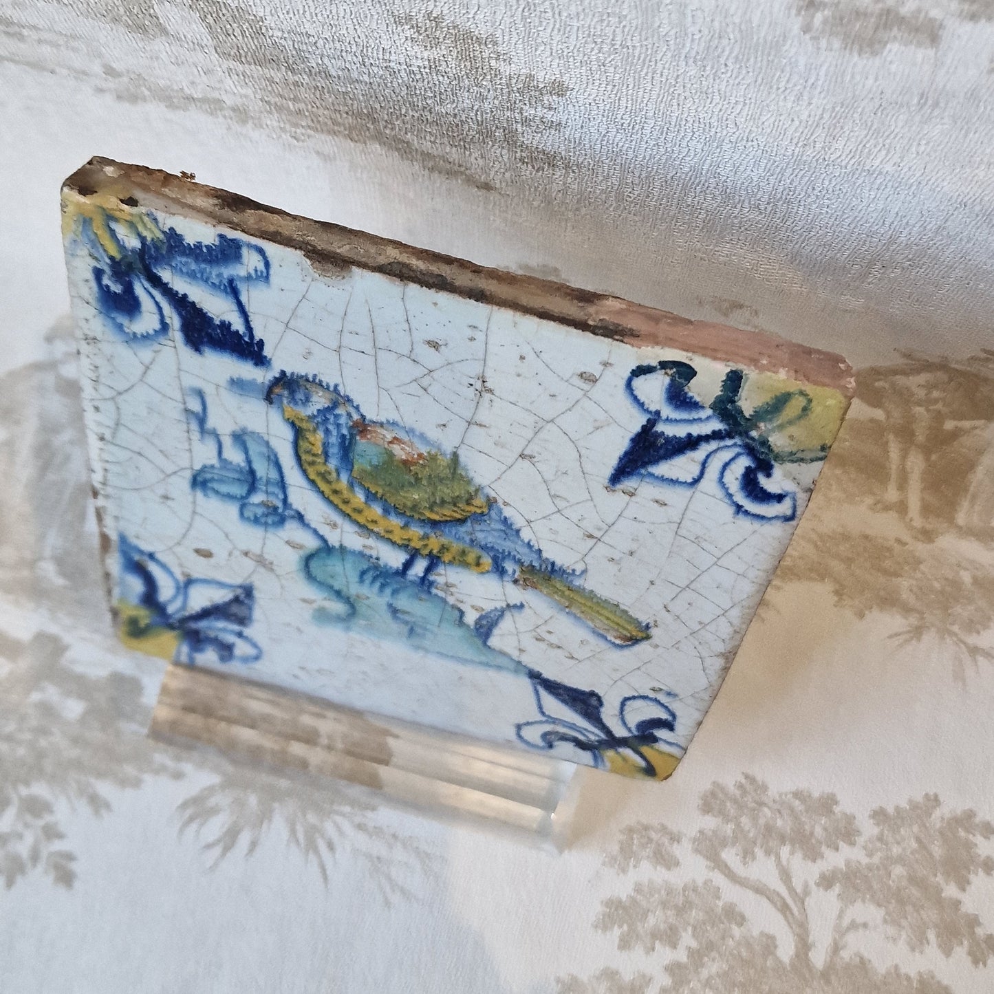 Antique Dutch Delft Tile – Polychrome Bird, Lily Motifs (c. 1630)