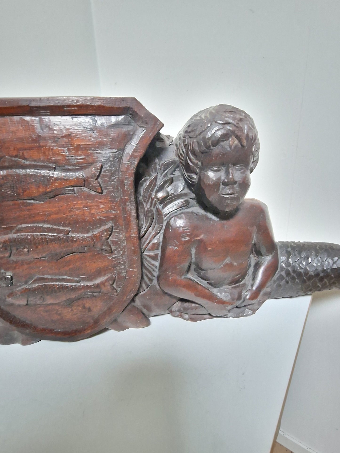 De Huybert, dutch Wagenschot antique wood panel, ship / door 18th XL oak wood handcarved, coat of arms mermaid Holland 1 meter, noble house