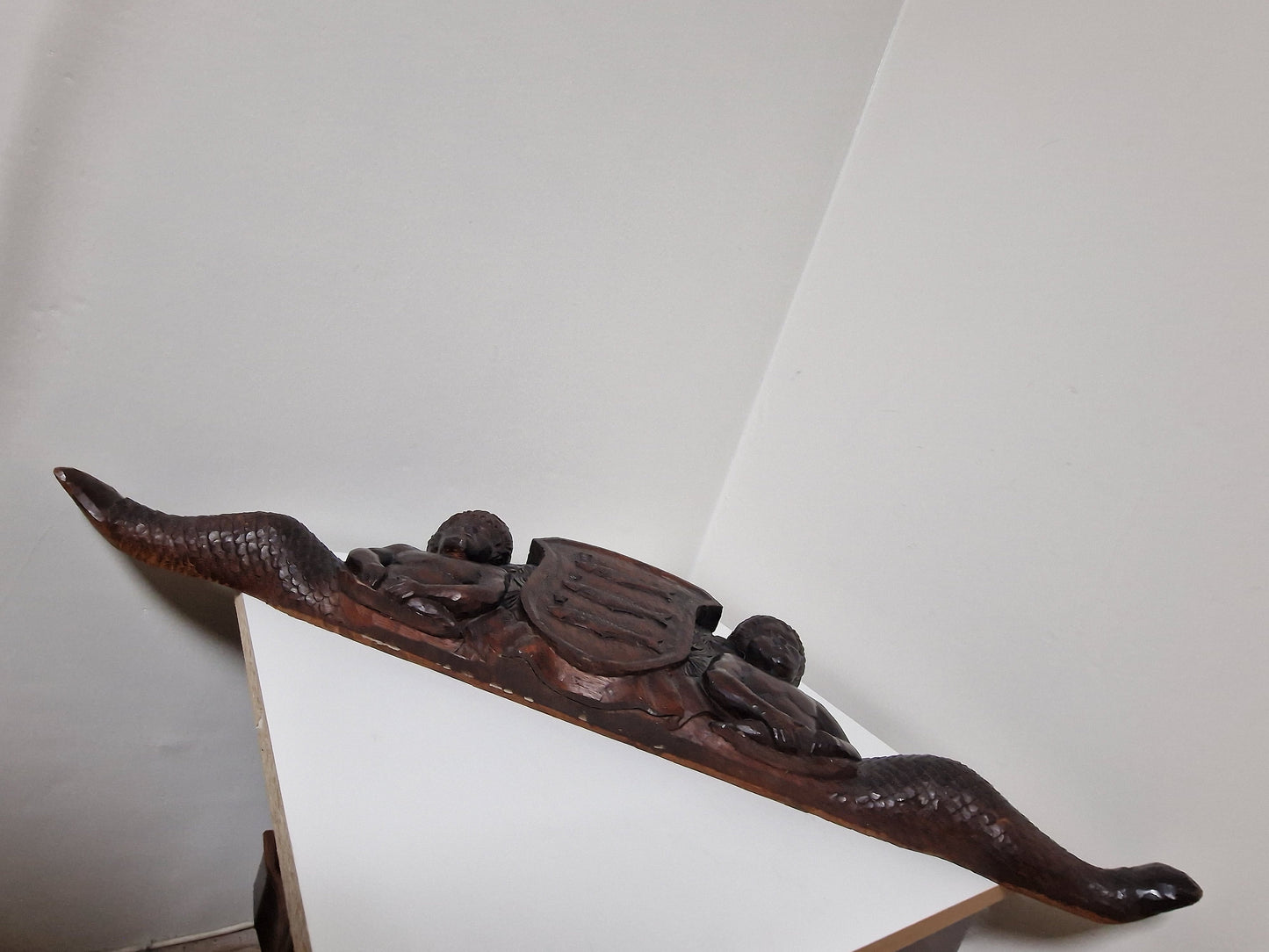 De Huybert, dutch Wagenschot antique wood panel, ship / door 18th XL oak wood handcarved, coat of arms mermaid Holland 1 meter, noble house