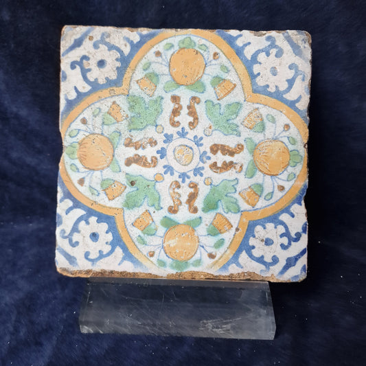 Antique Dutch Tile – Polychrome Pompadour Ornament, 17th Century