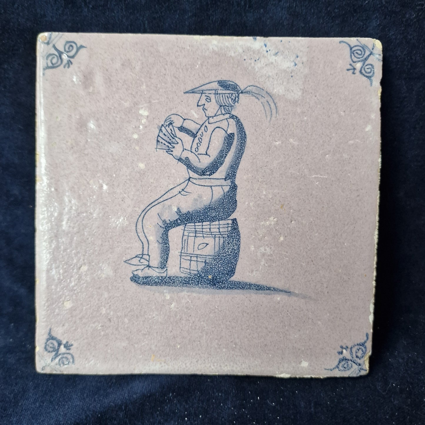 Antique Dutch Delft Tile, 17th Century Card Player, Oxhead Motive