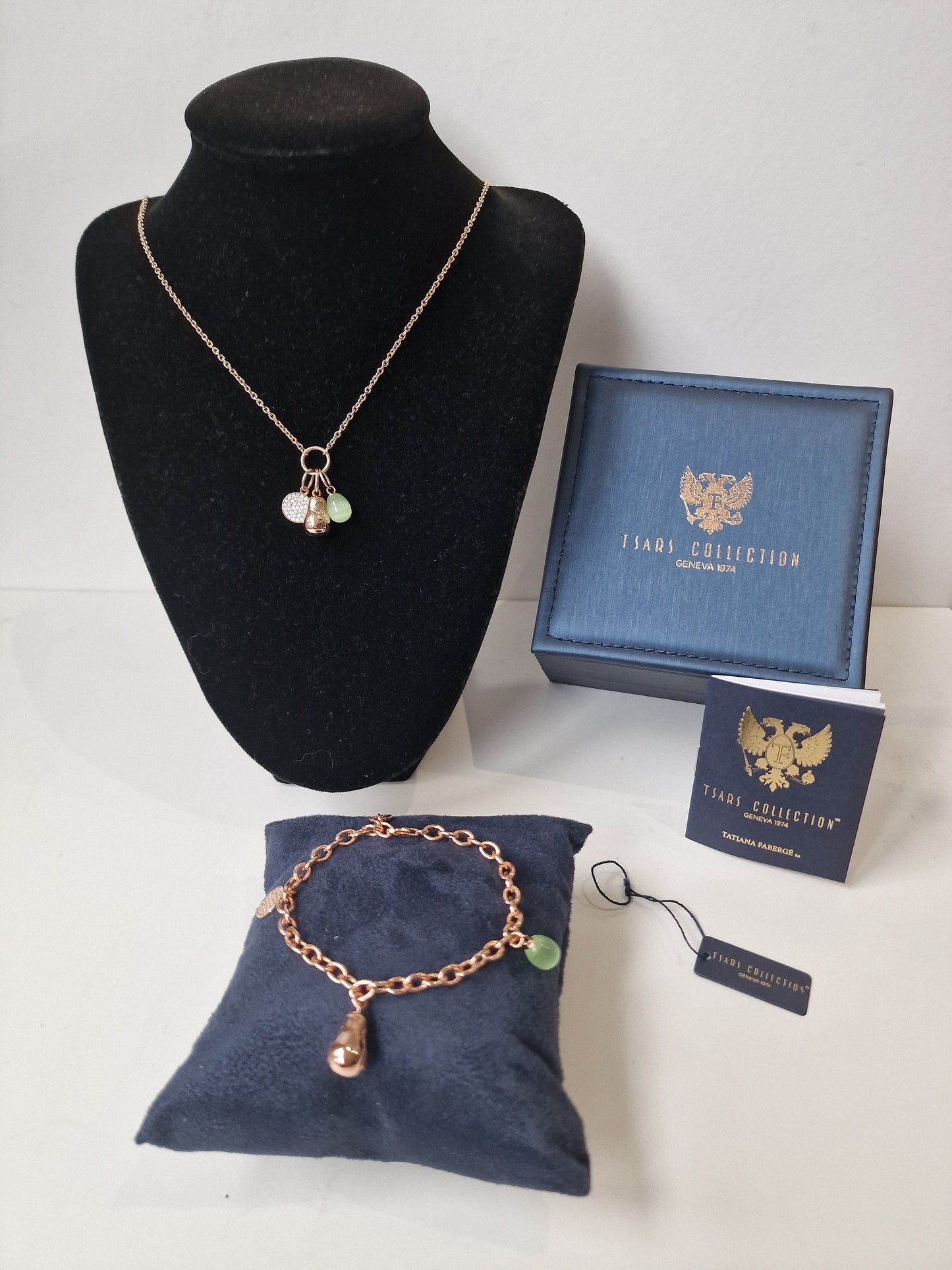 FABERGE Sterling Silver Rose Gold Charm Bracelet and Necklace Set Fabergé