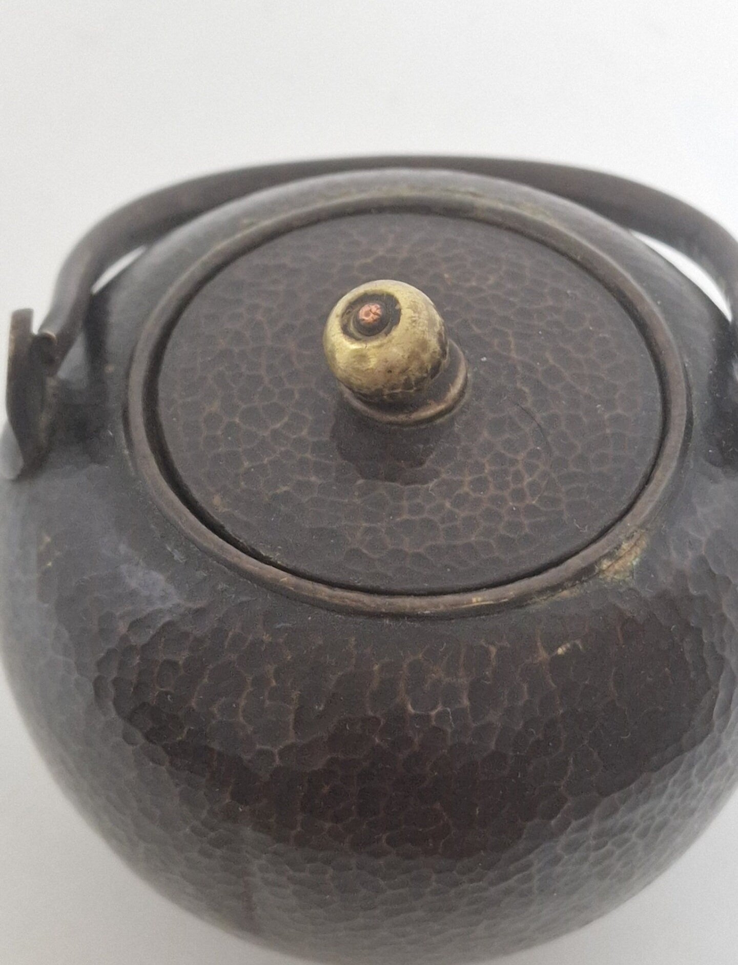old bronze japanese tetsubin antique teapot with hammered decoration, marked - Bronze