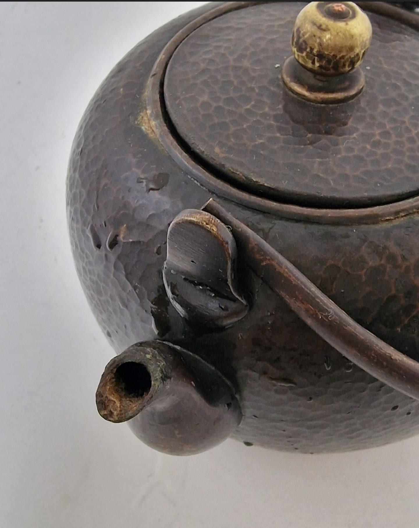 old bronze japanese tetsubin antique teapot with hammered decoration, marked - Bronze