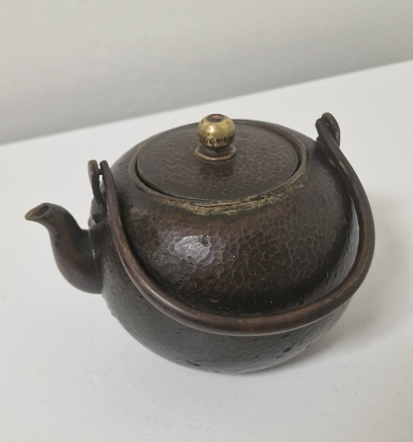 old bronze japanese tetsubin antique teapot with hammered decoration, marked - Bronze