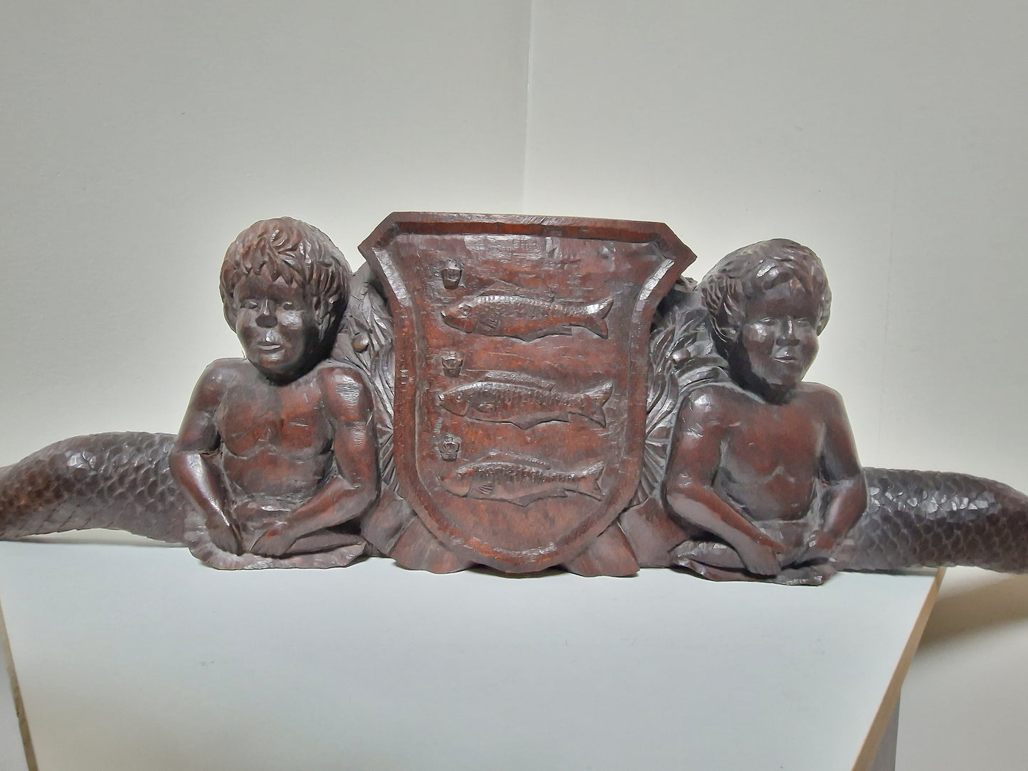 De Huybert, dutch Wagenschot antique wood panel, ship / door 18th XL oak wood handcarved, coat of arms mermaid Holland 1 meter, noble house