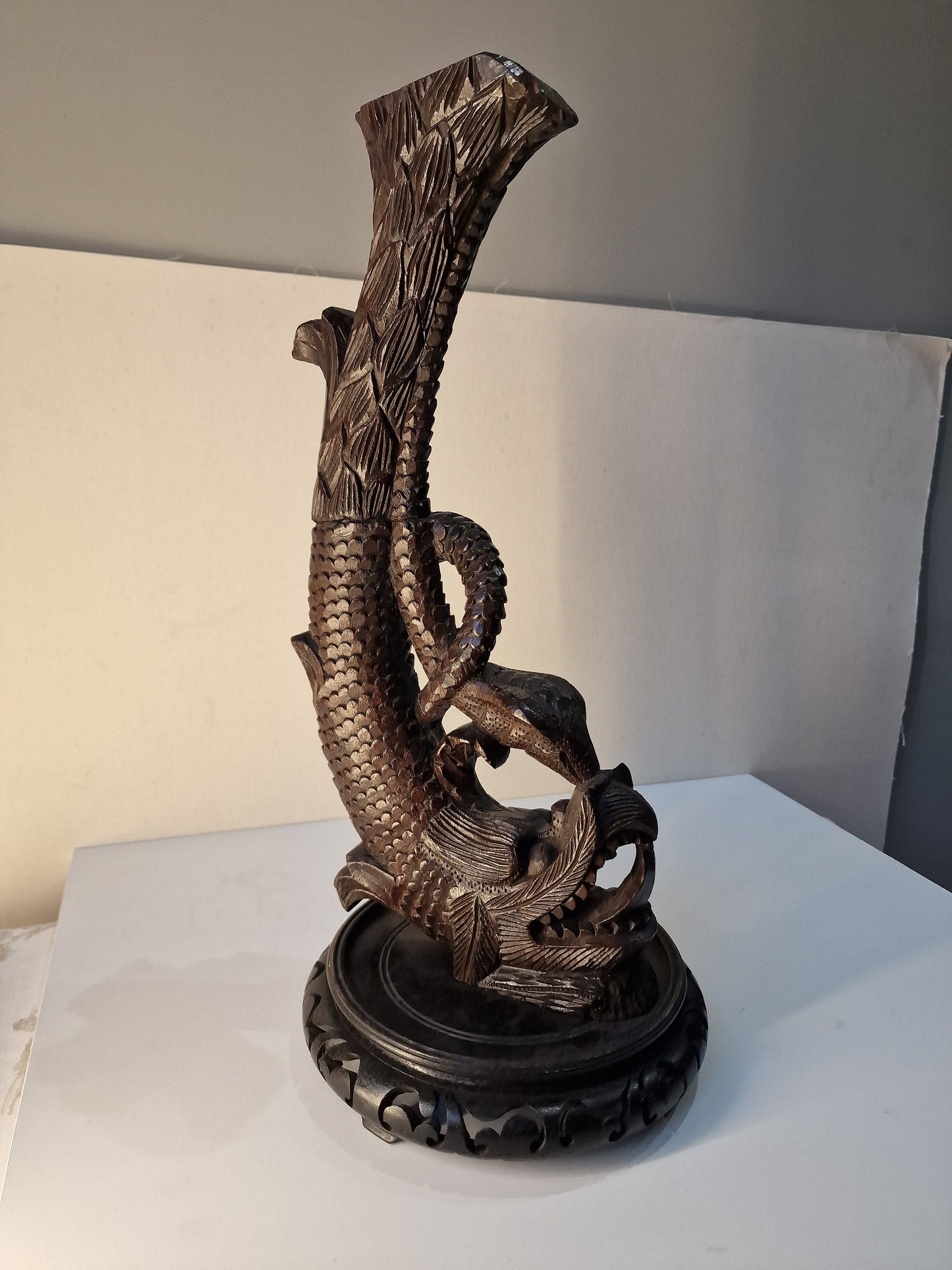 XL Hand Carved Wood Dragon Sculpture – Early 20th Century Chinese Republic