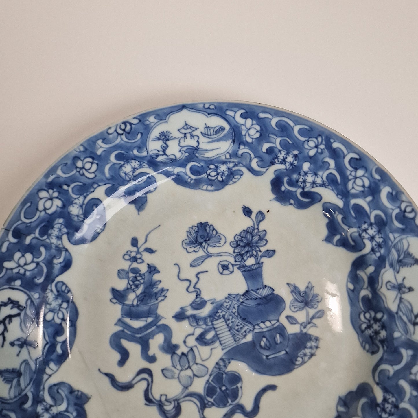 18th Century Kangxi Porcelain Dish, Landscape Cartouches