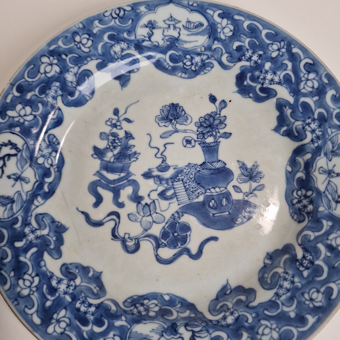 18th Century Kangxi Porcelain Dish, Landscape Cartouches