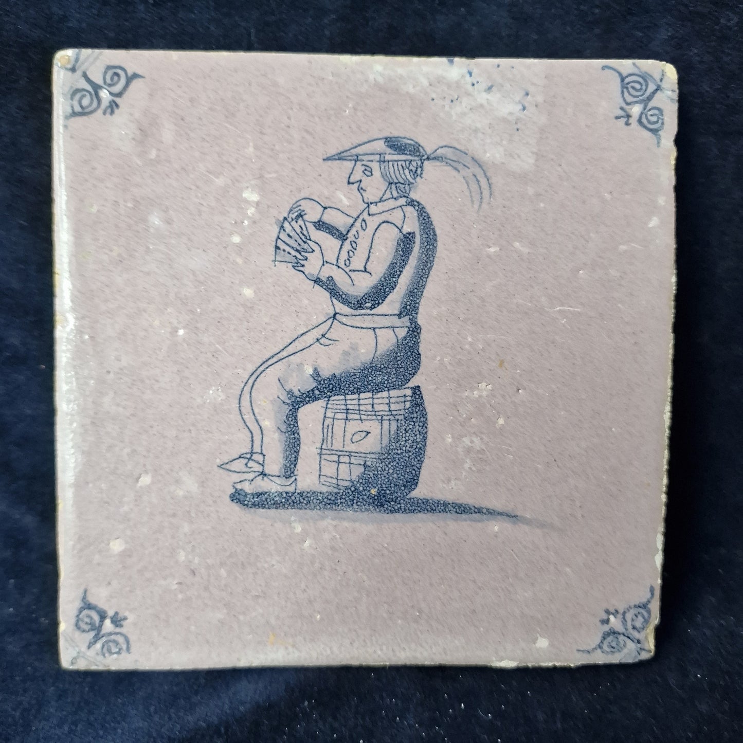 Antique Dutch Delft Tile, 17th Century Card Player, Oxhead Motive