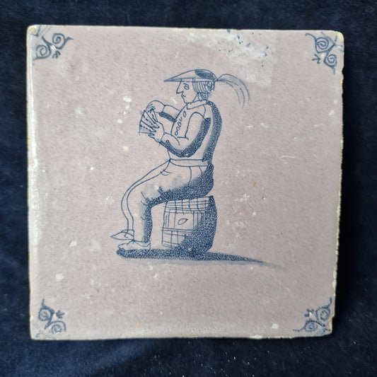 Antique Dutch Delft Tile, 17th Century Card Player, Oxhead Motive