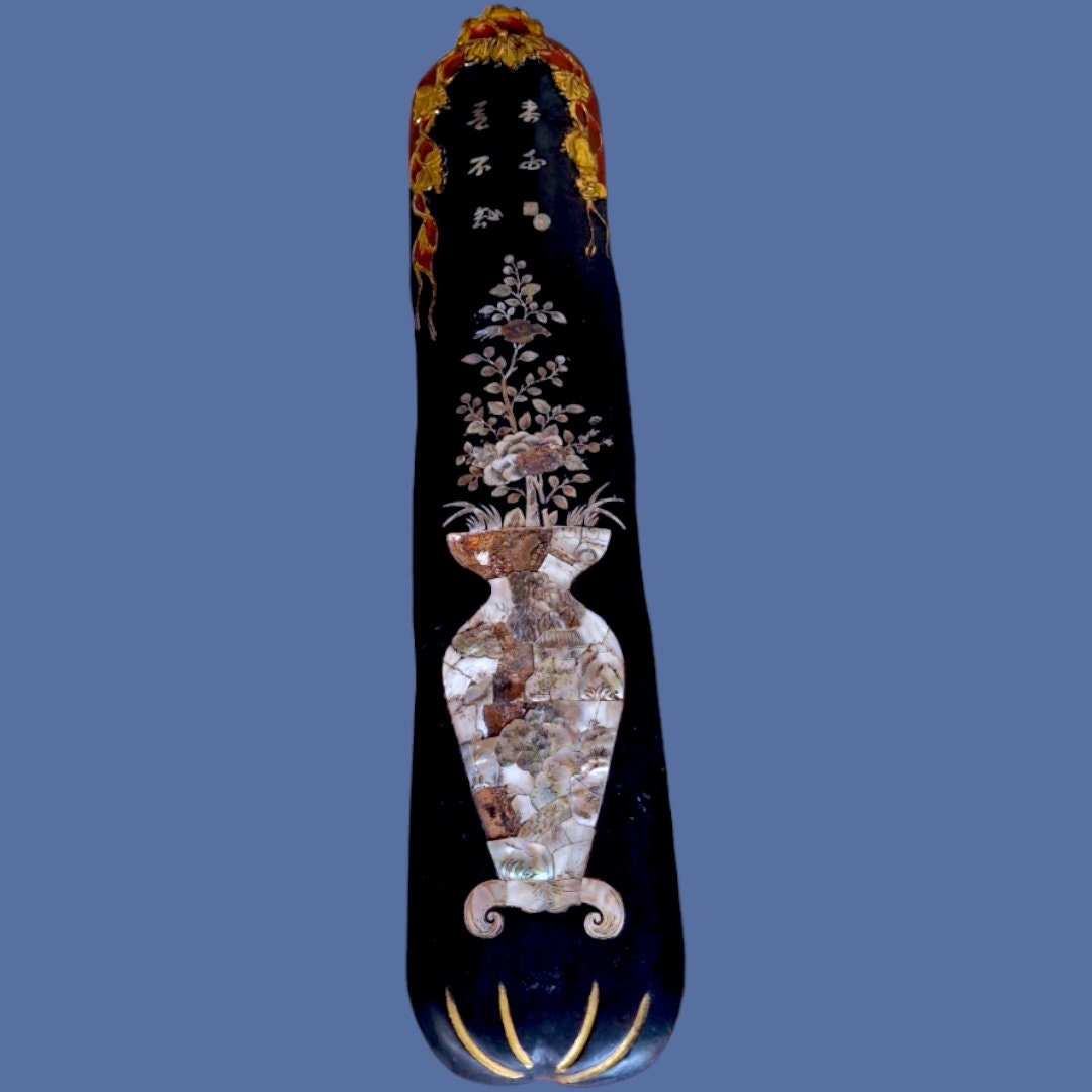 Antique Chinese Lacquer Wall Panel – Handcarved Mother of Pearl, ca 1910