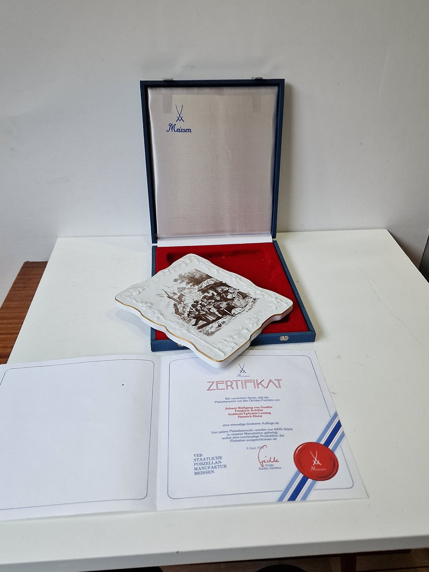 MEISSEN plaquette in doos met certificaat, poet plaque, limited edition Ludwig Richter porcelain