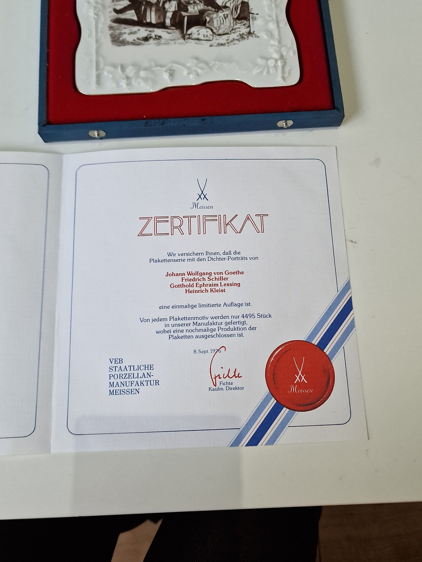 MEISSEN plaquette in doos met certificaat, poet plaque, limited edition Ludwig Richter porcelain