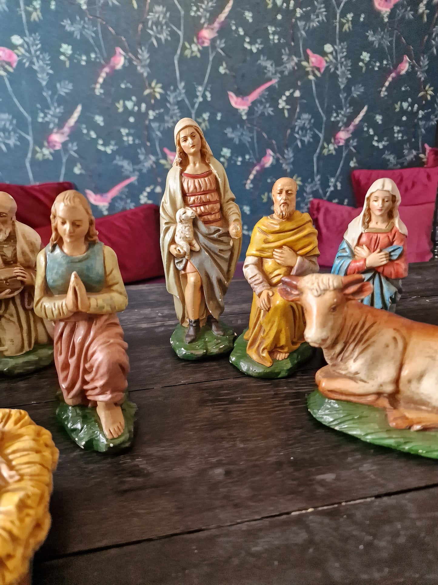 Antique 19th Century Polychrome Nativity Scene, Christmas Kerstgroep