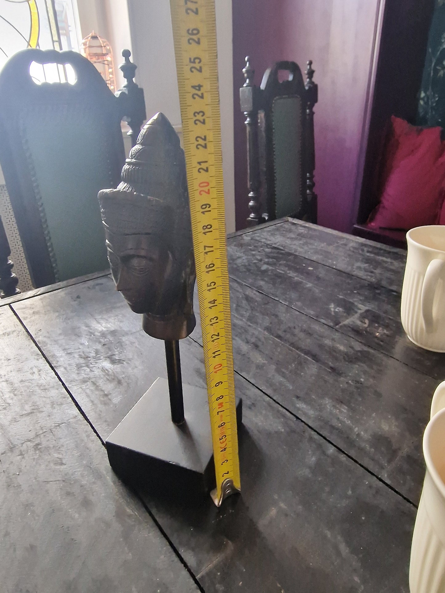 Old bronze Buddha Head on Wood Base, Antieke bust buddha vintage