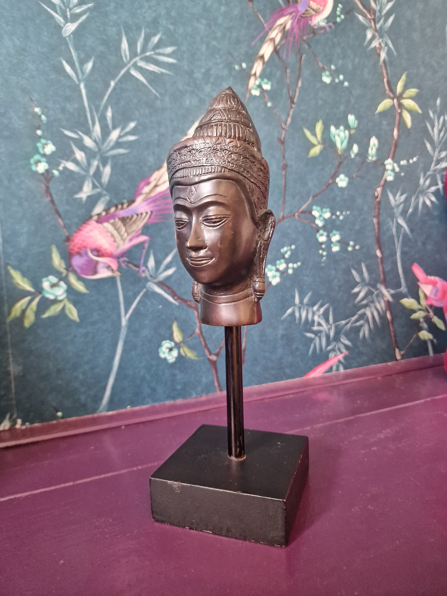 Old bronze Buddha Head on Wood Base, Antieke bust buddha vintage