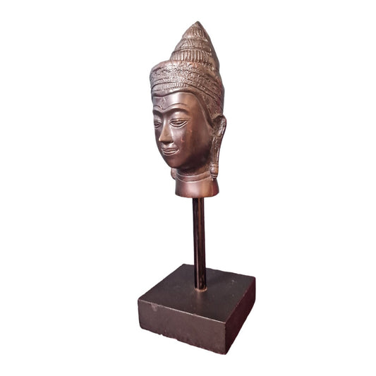 Old bronze Buddha Head on Wood Base, Antieke bust buddha vintage