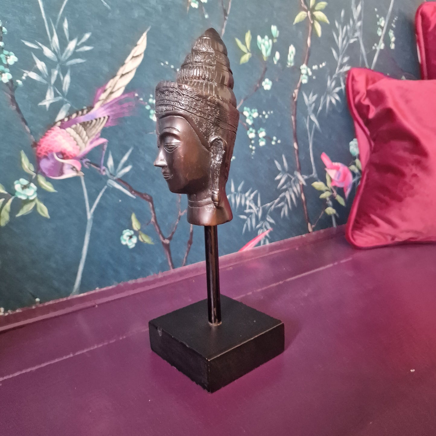 Old bronze Buddha Head on Wood Base, Antieke bust buddha vintage