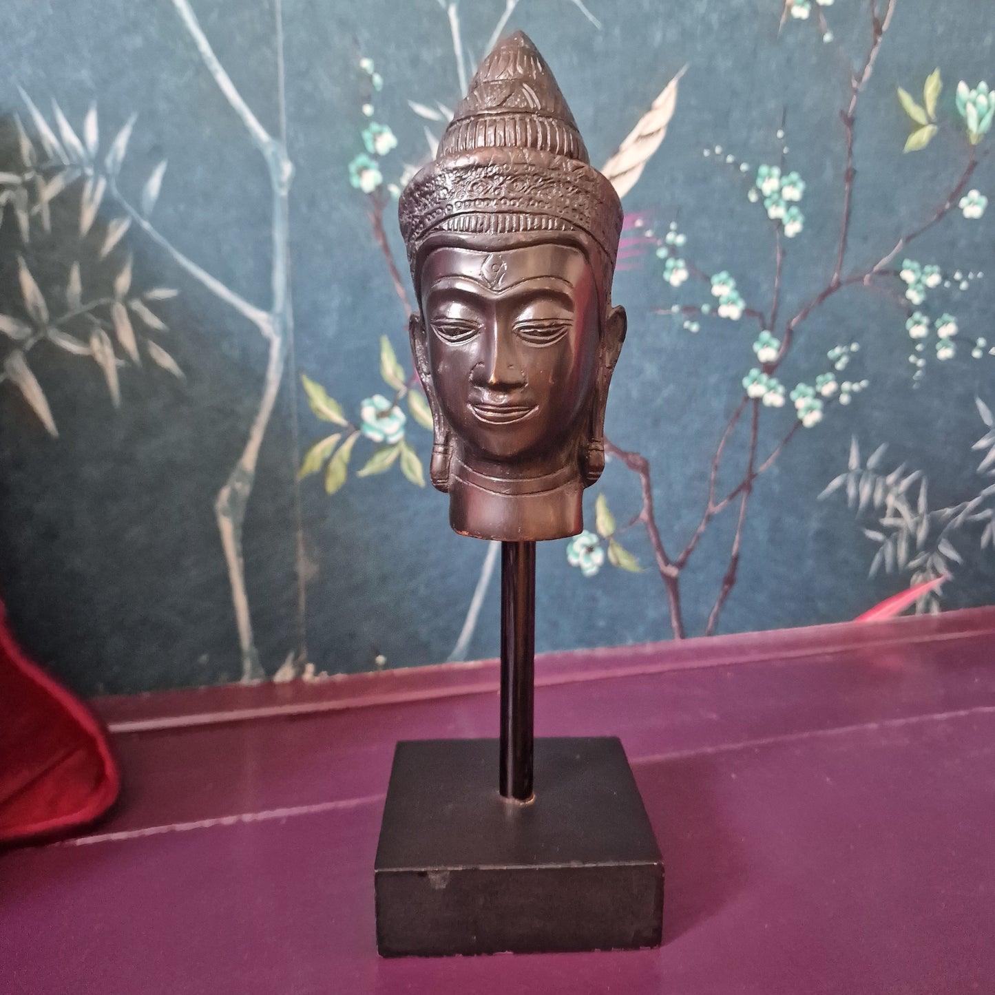Old bronze Buddha Head on Wood Base, Antieke bust buddha vintage