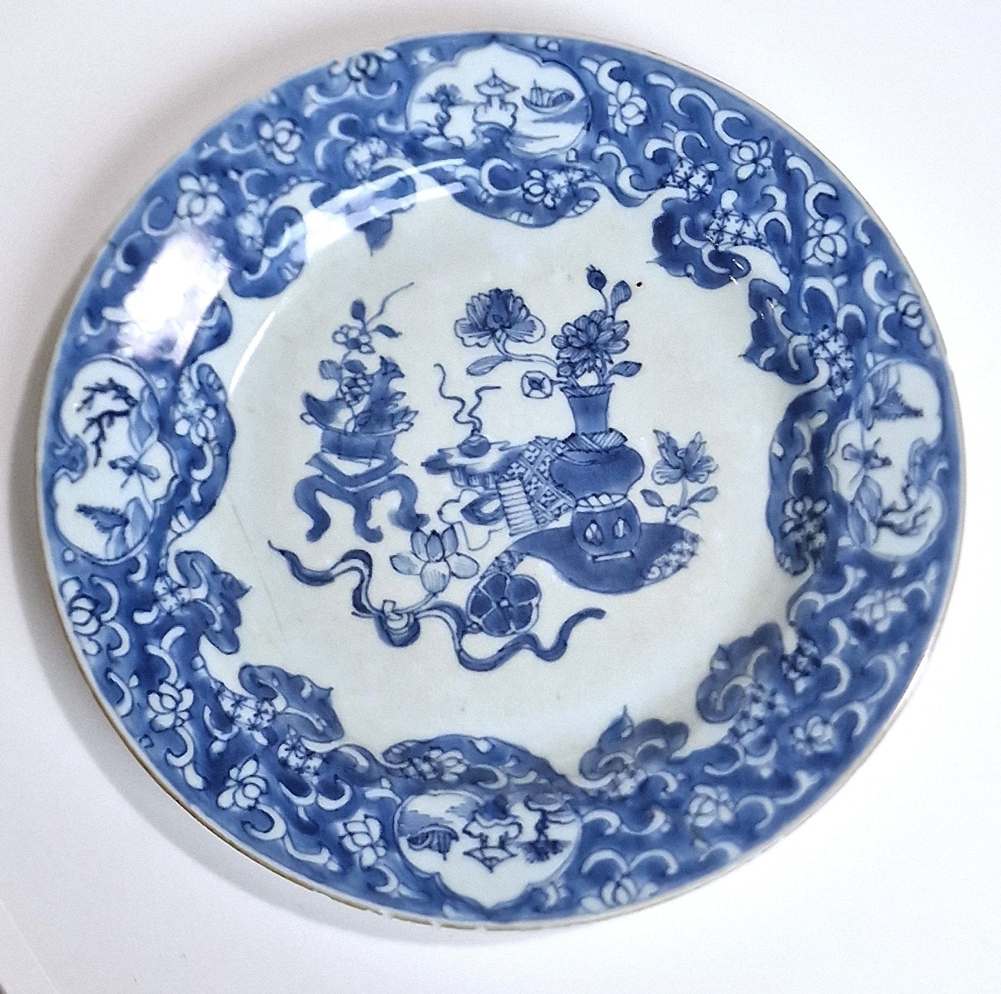 18th Century Kangxi Porcelain Dish, Landscape Cartouches