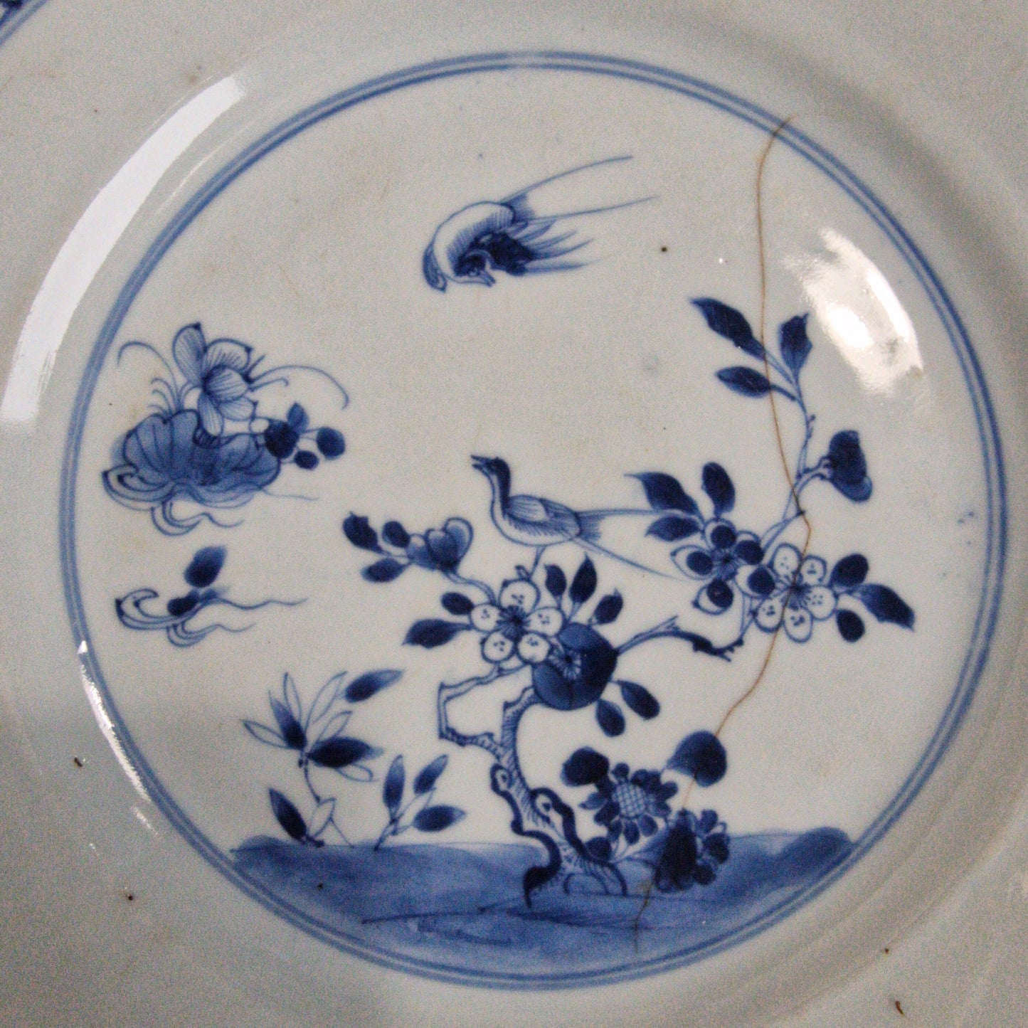 Antique Kangxi Porcelain Dishes, Set of 4, Bird Motif, 18th Century
