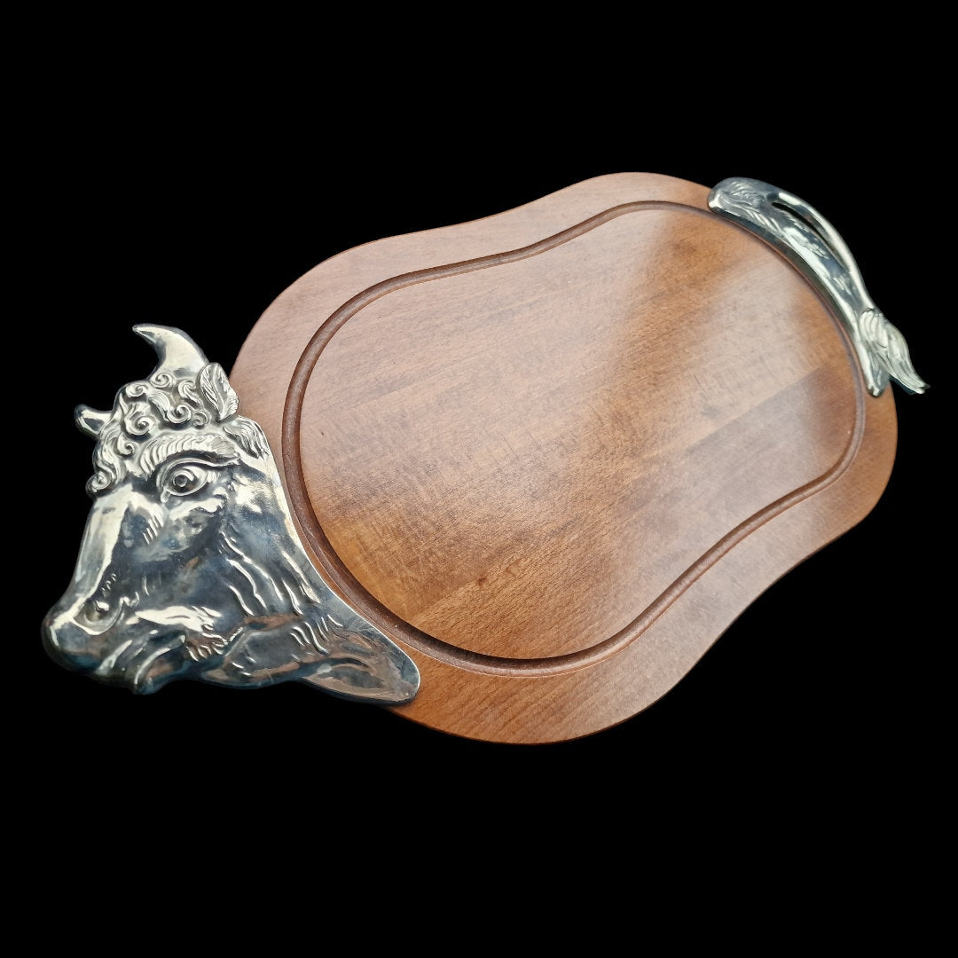 Hardwood Serving Tray, Chrome Bull Accents, 56cm Board