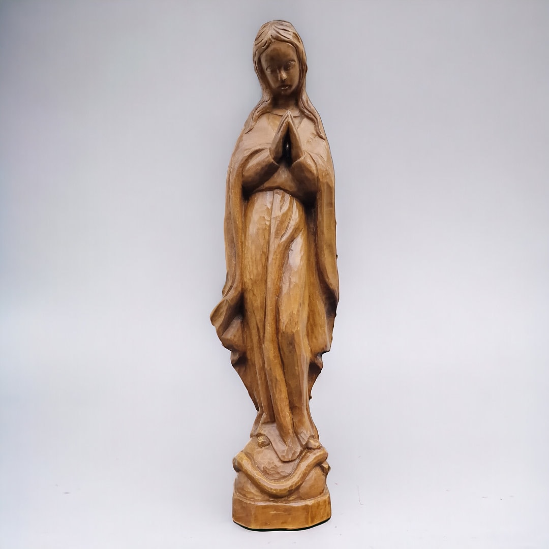 Limburgs kloosterhouten sculptuur 44 cm grote Art Deco houtsnijwerk Madonna, maria holland