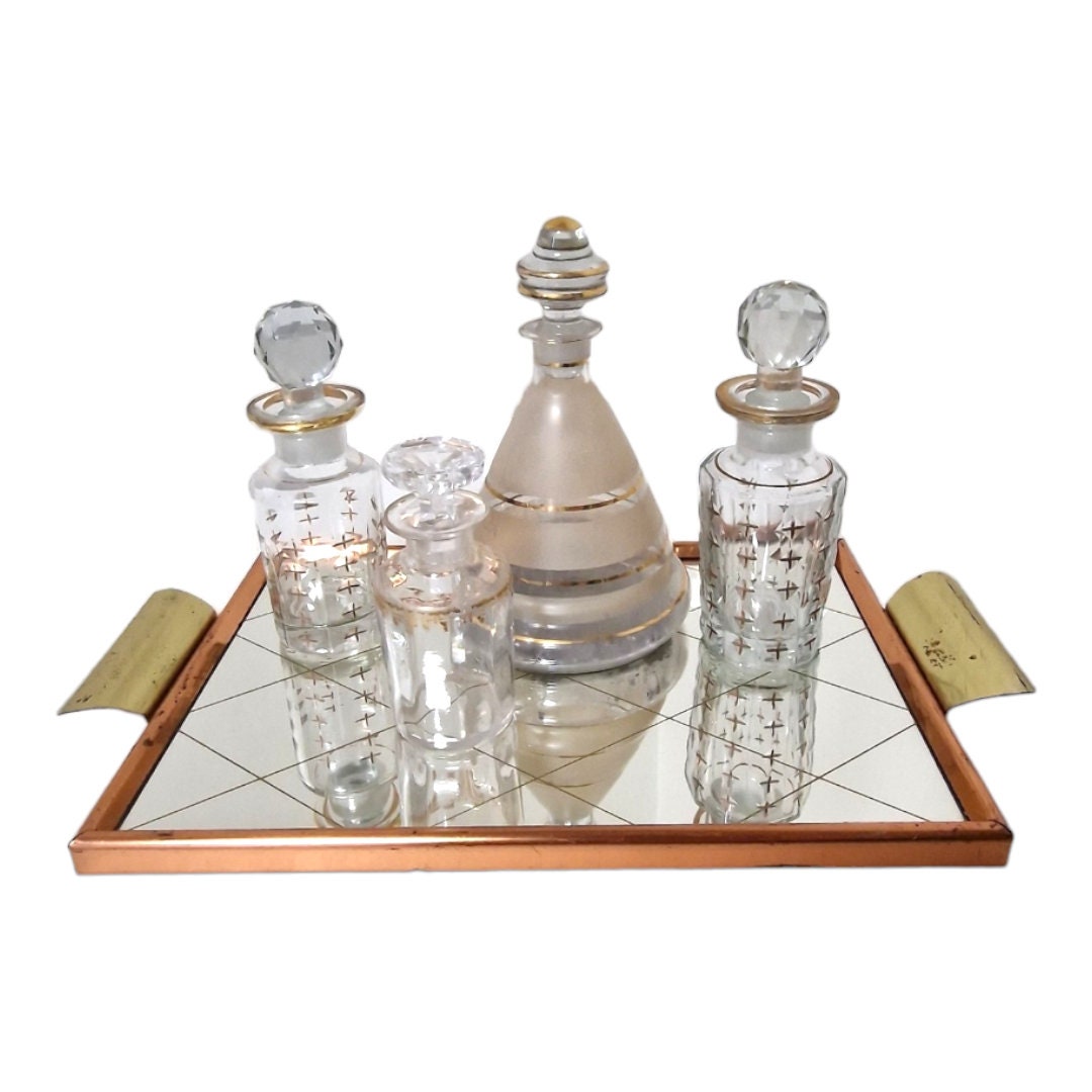 Antique French Vanity Set, Crystal Perfume Bottles, Tea Caddy