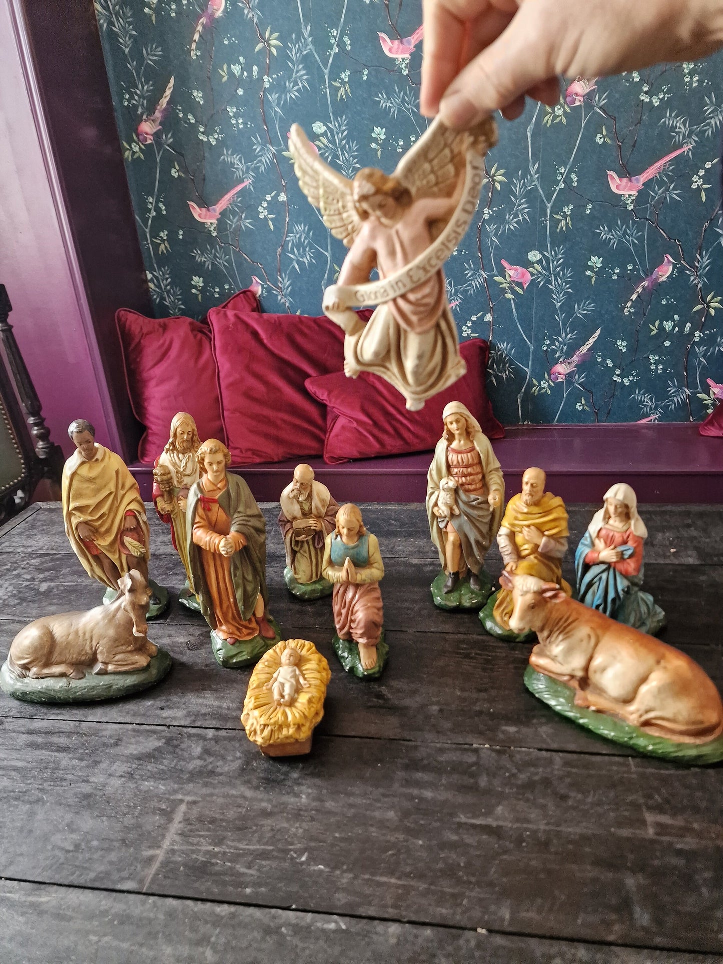 Antique 19th Century Polychrome Nativity Scene, Christmas Kerstgroep
