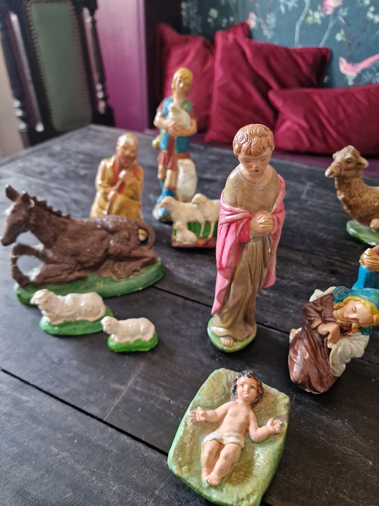 Antique Art Nouveau Polychrome Nativity Scene, ca 1910-1920