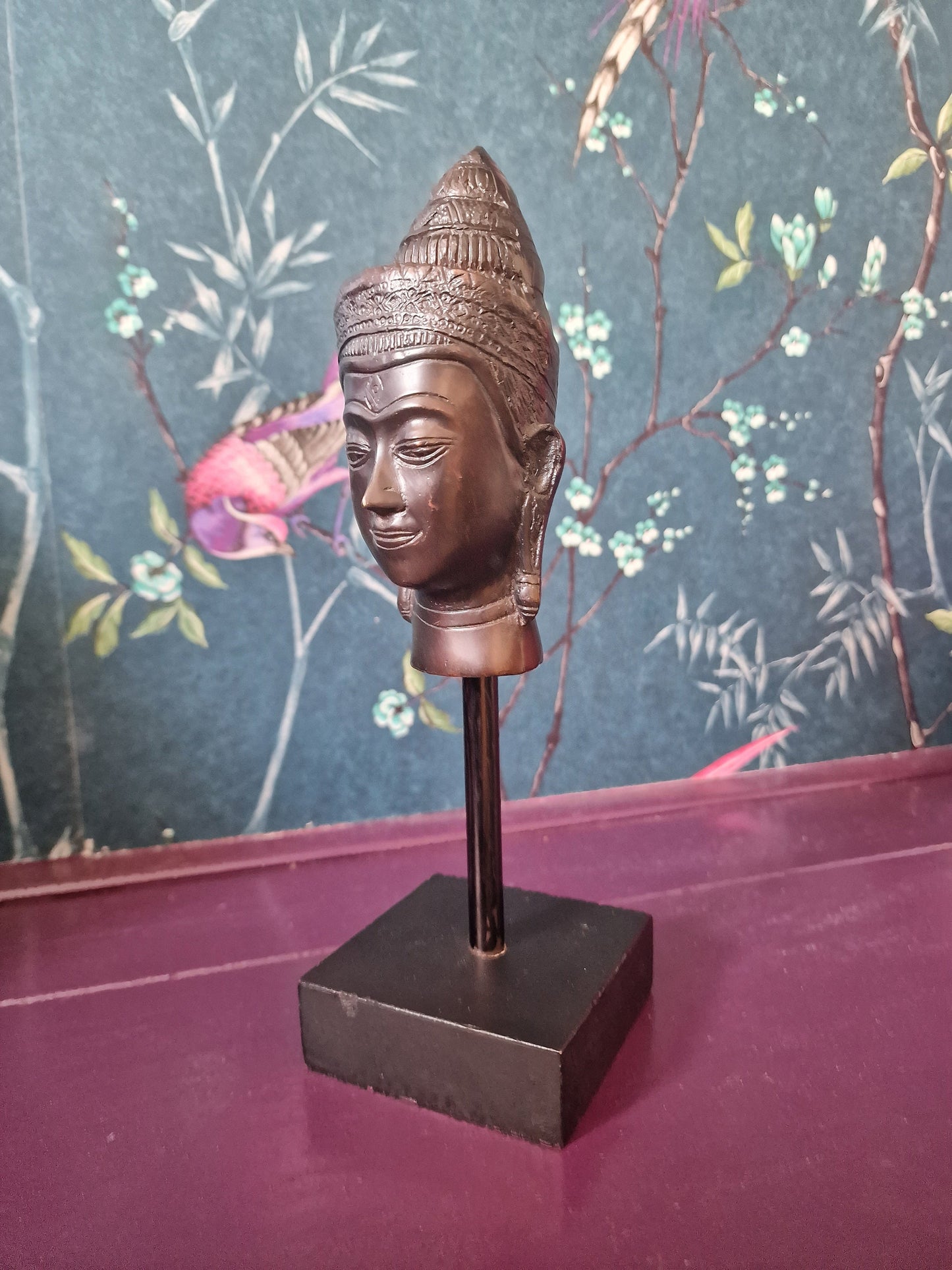 Old bronze Buddha Head on Wood Base, Antieke bust buddha vintage