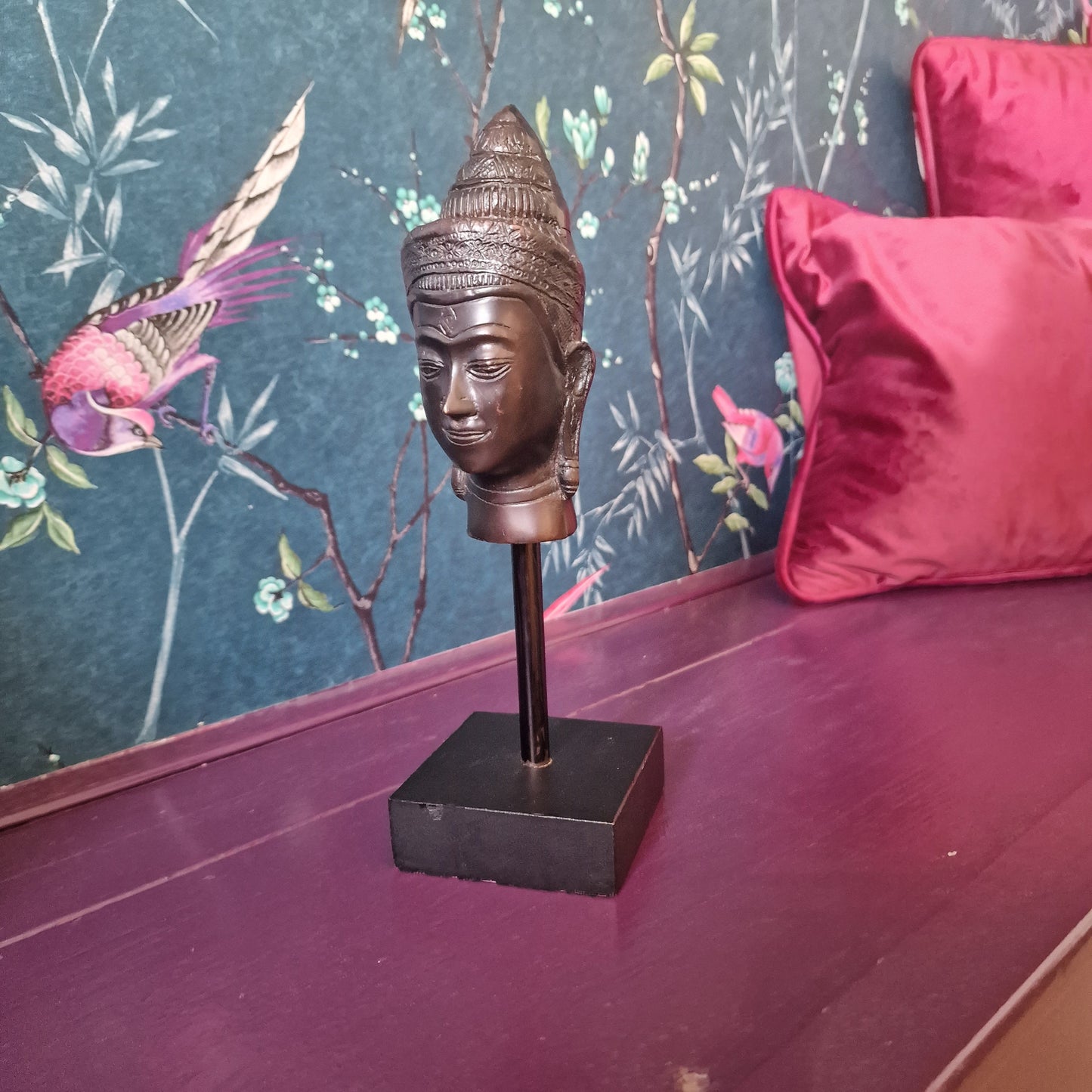 Old bronze Buddha Head on Wood Base, Antieke bust buddha vintage