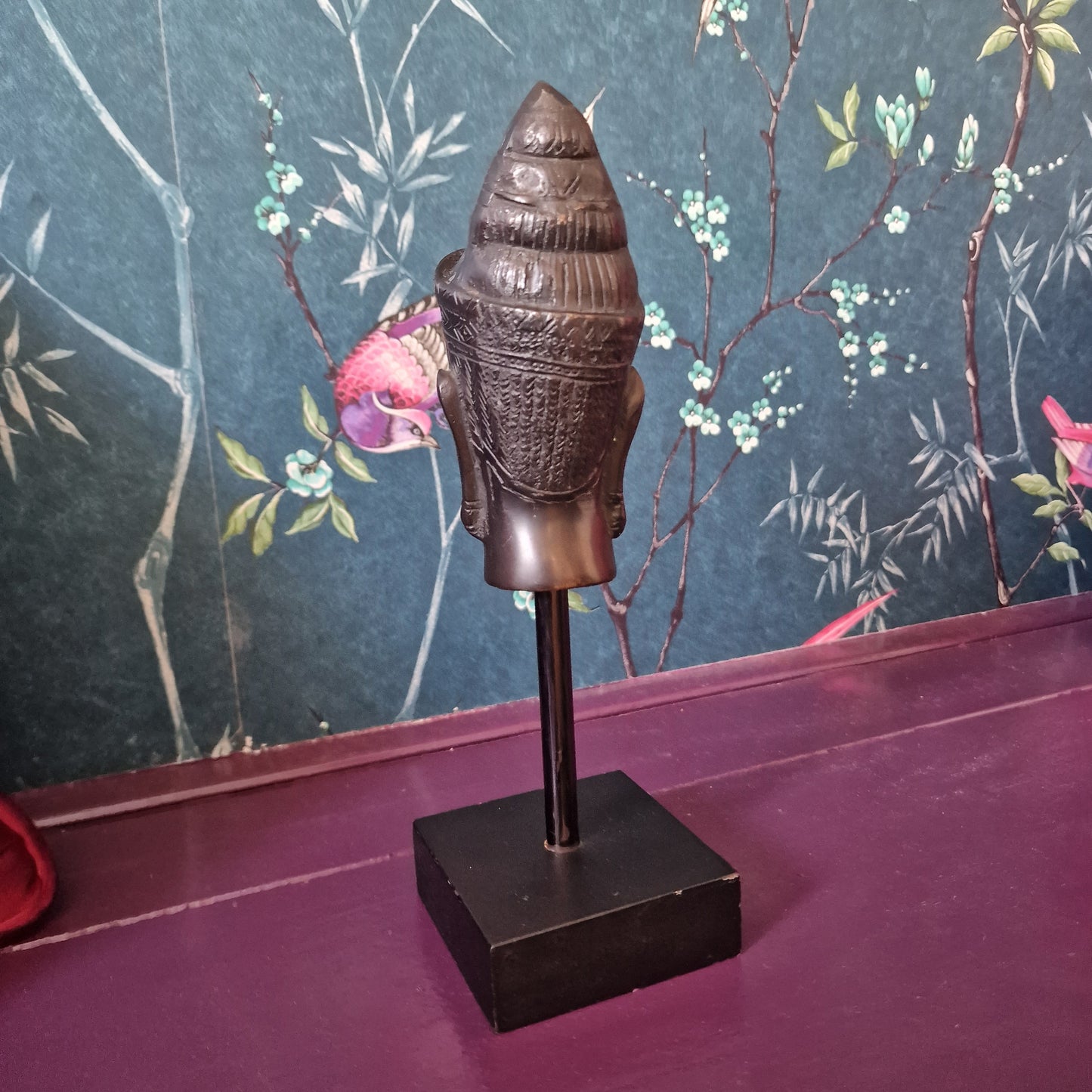 Old bronze Buddha Head on Wood Base, Antieke bust buddha vintage