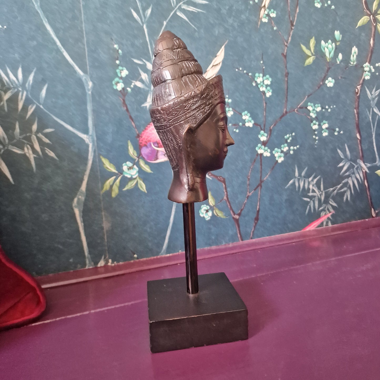 Old bronze Buddha Head on Wood Base, Antieke bust buddha vintage