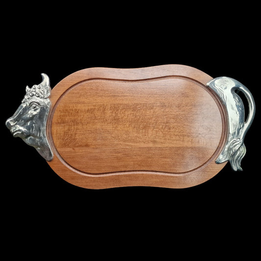 Hardwood Serving Tray, Chrome Bull Accents, 56cm Board
